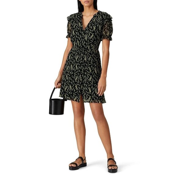 ba&sh Matcha Black Printed Short Sleeve Button Front Dress Women's Size Large L - Picture 1 of 11